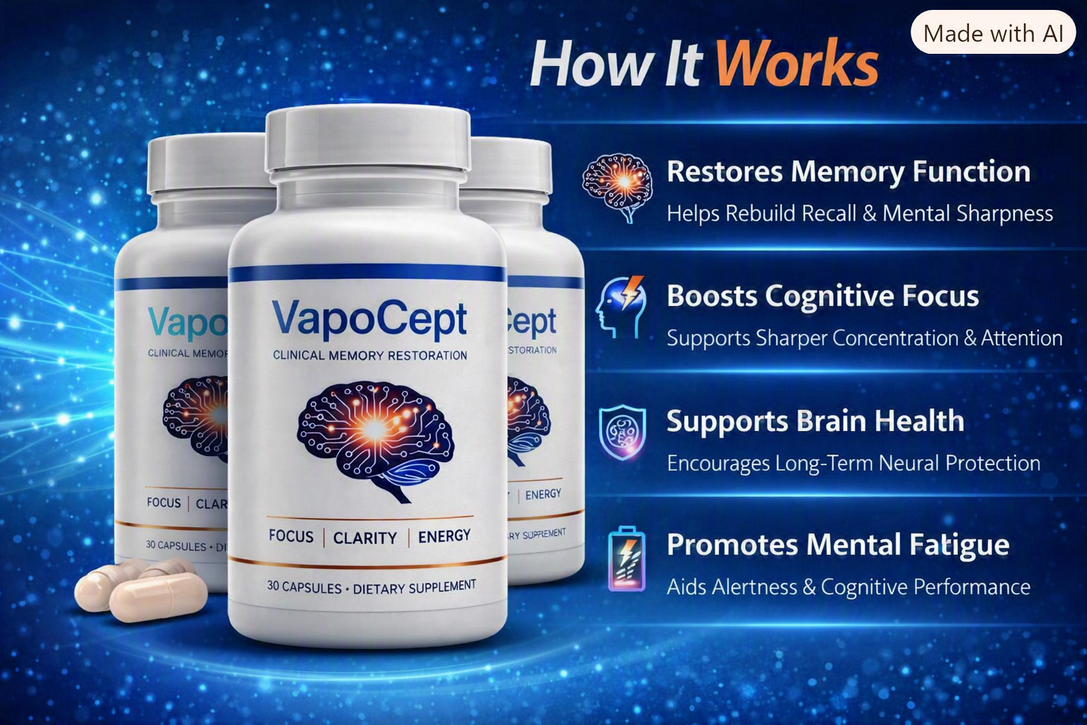 Diagram showing how Vapocept supports memory, focus, cognition, and brain health